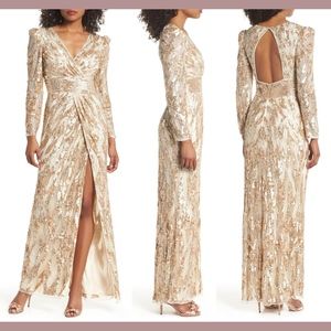 NWT $598 Mac Duggal V-Neck Mineral Sequin‎ Gown in Gold/RoseGold [SZ 6 ]